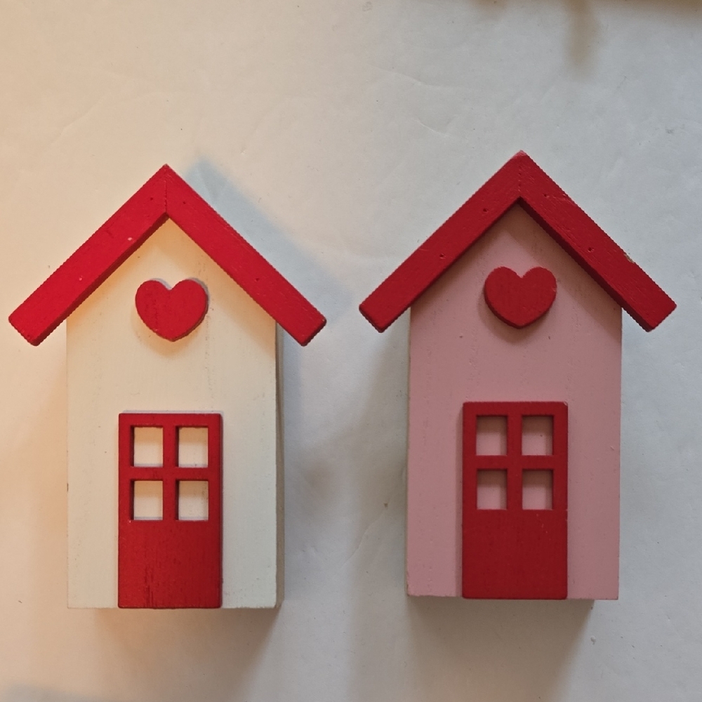 Set of Two Wooden House Decor with Red Accents
